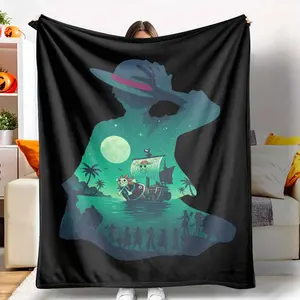 Ocean Adventure Silhouette Flannel Blanket Night Sailing Illustration Print Soft Lightweight Cozy Warm Plush Throw for Couch Bedroom Travel Living Room Gift Decor Usage tiktokshopspringglowup