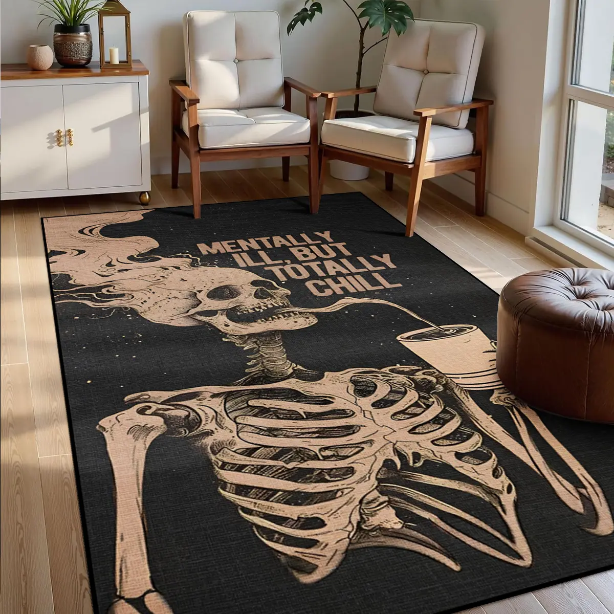 Halloween Skeleton Pattern Non-Slip Rug, Decorative Rug Mat, Soft Low Pile Washable Carpet, Home Decor Rugs for Living Room Bedroom Office, Machine Washable Rugs, Five Sizes Available