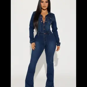 Long Sleeve Denim Jumpsuit - Dark Denim Collar Cotton  Polyester Spandex casual batwing sleeve