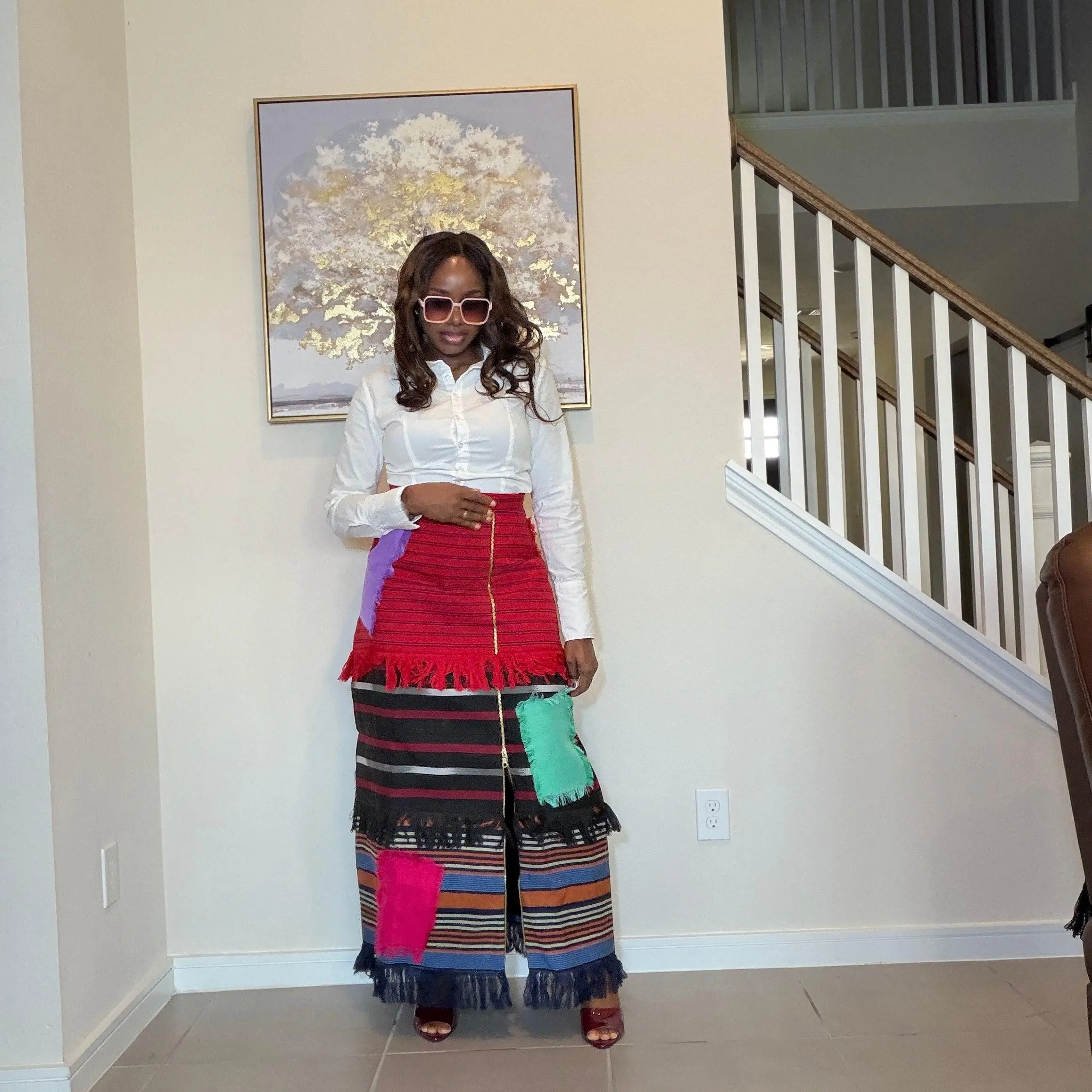 Colorful African Aso Oke Fringe Skirt, Handmade Aso Oke Patchwork Skirt
