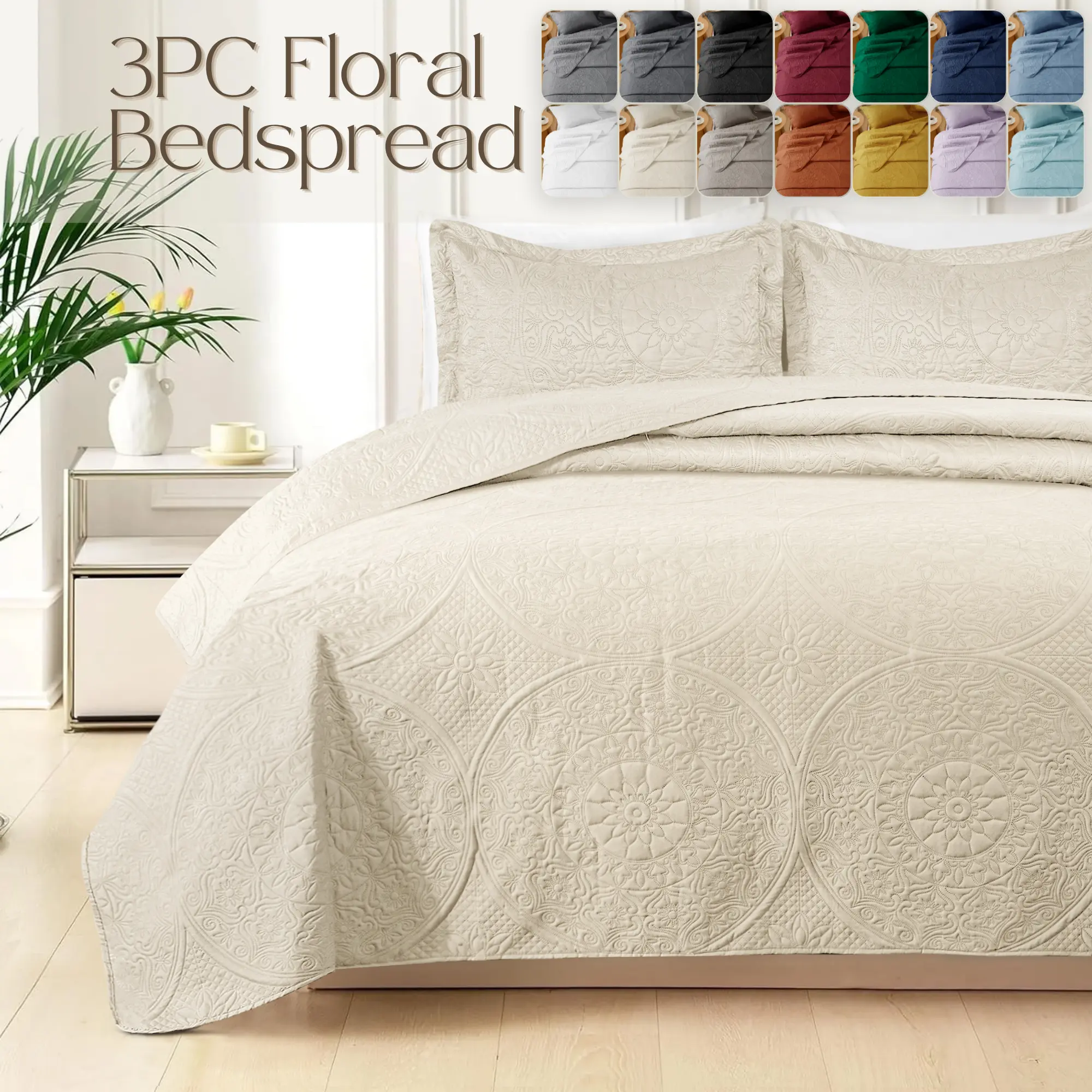 Lightweight Bedspread Queen Size Quilts Bedding Set Modern Style Floral Pattern Coverlet for All Season - Skin-Friendly Soft & Breathable 3 Pieces (1 Quilt, 2 Pillow Shams)
