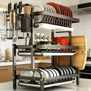 3-Tier Dish Rack with Utensil Holder & Drain Board & Knife Slot - Rustproof Kitchen Countertop Storage Solution, stainless steel dish drainer， perfect size great value space-saving compact expandable height snap-on design-wine glass cup holder