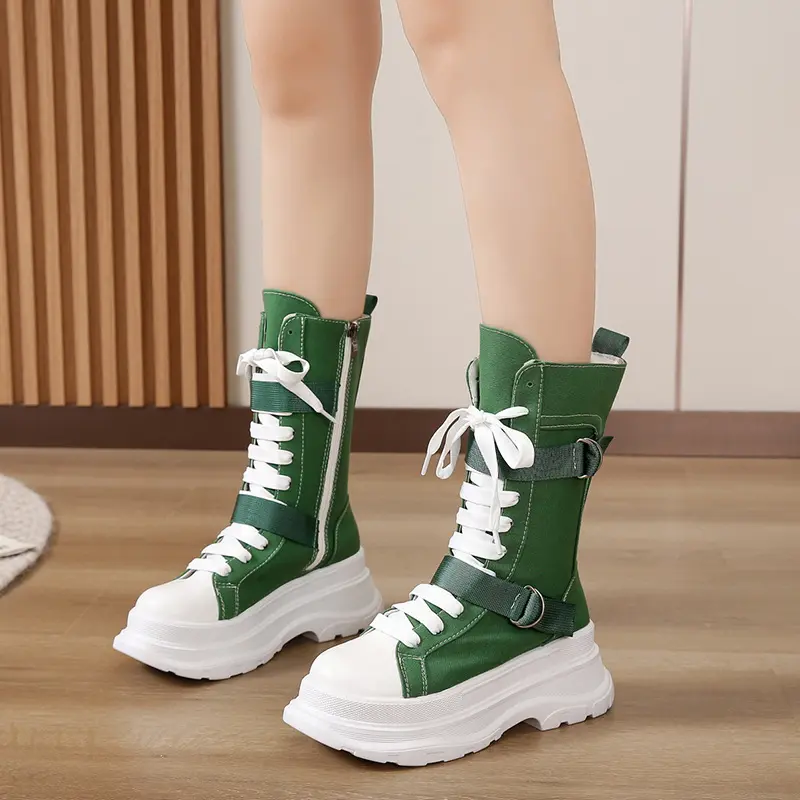 Women's Chunky Platform Boots with Belt Buckle & Zipper Closure - Thick Rubber Sole Round-Toe High-Top Canvash Boots,  Cushioned Insole for Casual Outdoor,, Casual Attire - All-Terrain Traction footwear