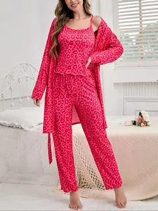 Women's All Over Leopard Print Pajama Three-Piece Set, Casual Comfy Lounge Set for Women, Comfy Loungewear Set for Daily Home Wear