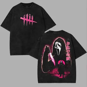 Horror Movies Dead By Daylight Ghost Face Pink version villains halloween hlw Washed Cotton Menswear Top Movie Streetwear Printed graphic tees unisex acid wash