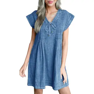 Imily Bela Womens Denim Mini Dress Casual Summer Cap Sleeve Tie V Neck Loose Babydoll Jean Dresses