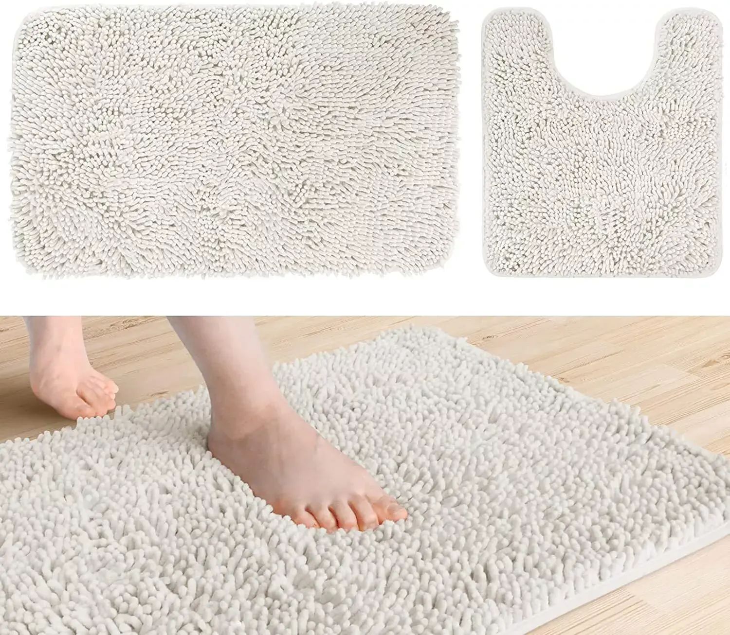 Bath Mat Rug Chenille Shaggy Bathroom Mats Absorbent Non-Slip Carpet Shower Long Waterproof Thick Fluffy (Beige Color)