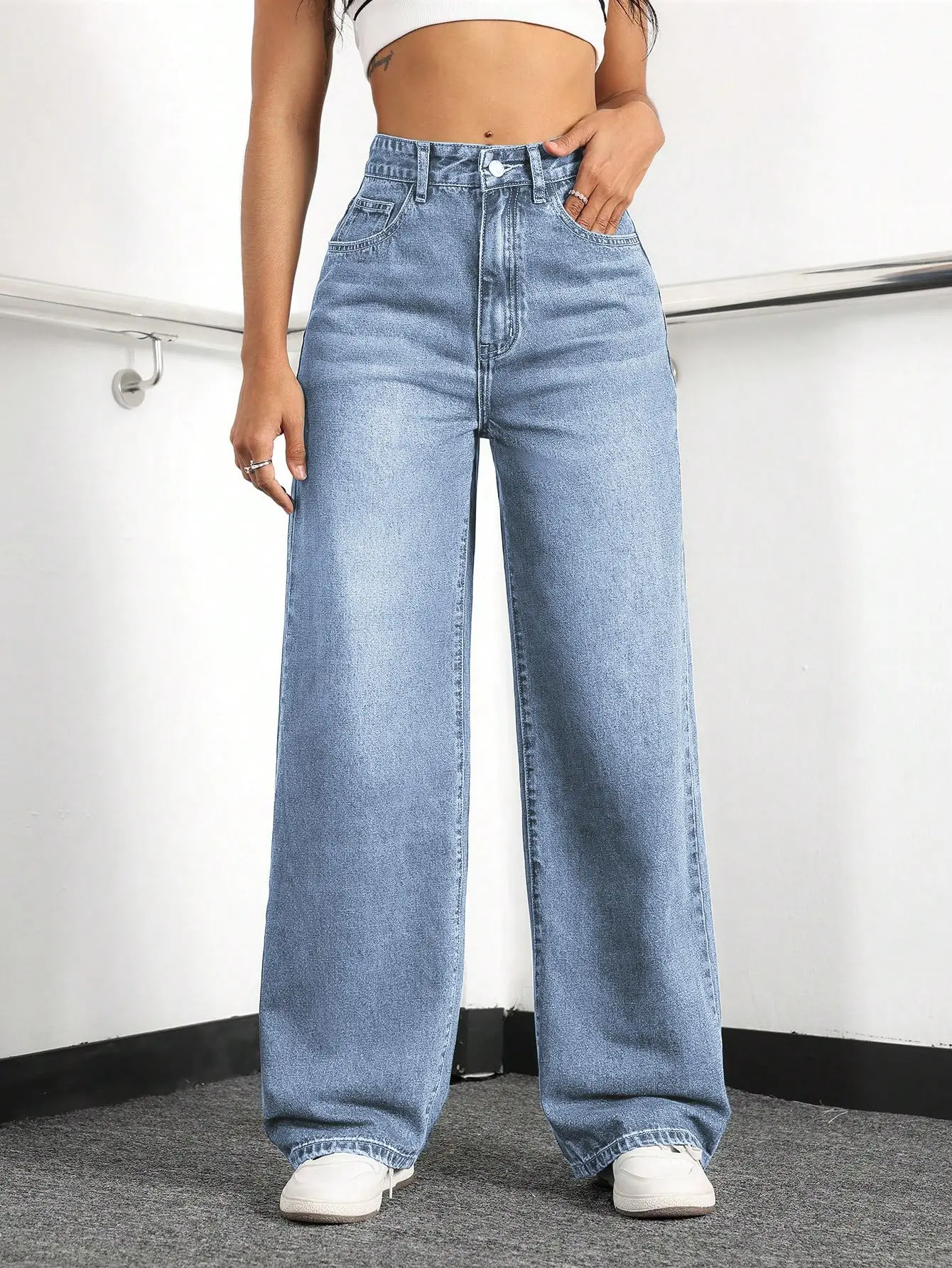Women's High-Waisted Wide-Leg Elastic Denim Boyfriend Jeans - Baggy Fit, Casual Cuffed Stretch Pants, Minimalist Lightblue Cold-Wash Winter Bottoms for Everyday Comfort & Personalized Look, Jeans For Women, Baggy Wide Leg Jeans, All Seasons, Oversized, Ba