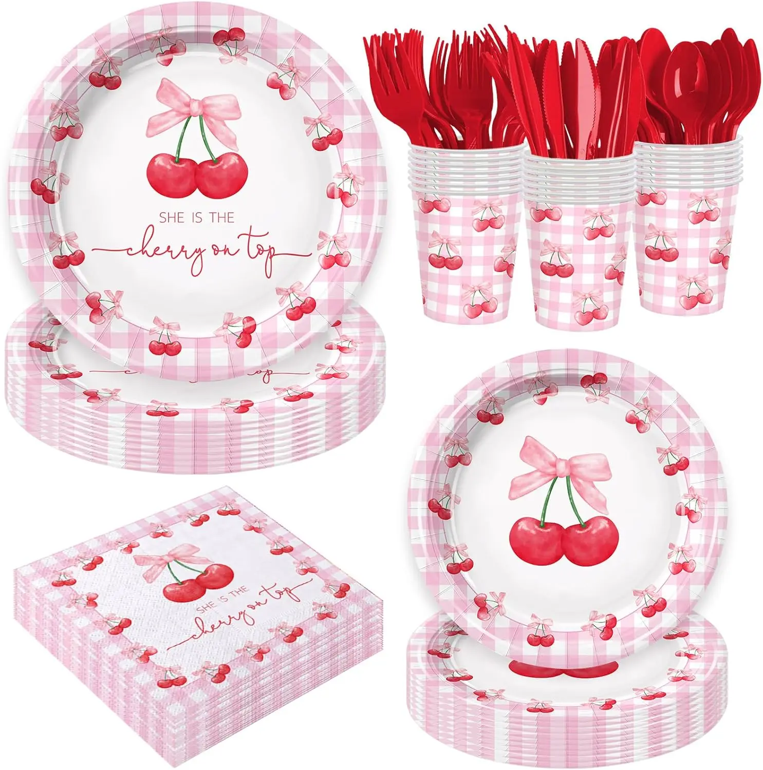 168Pcs She's the Cherry on Top Baby Shower Party Decorations for Girls Pink Cherry Bow Birthday Party Supplies Cherries Themed Paper Plates Napkins Tableware for 24 Guests