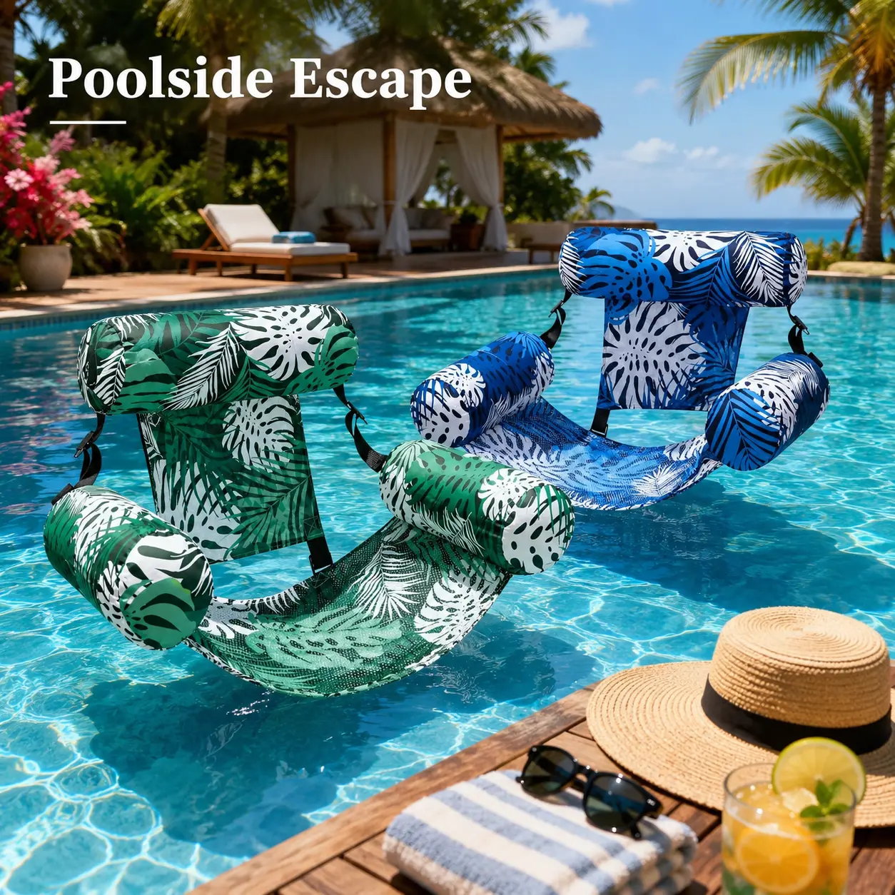 Inflatable Floating Pool Chair for Adults, Water Hammock Lounger with Cushioned Headrest, Side Arm Floats and Mesh Seat for Pool, Lake and Beach Relaxation