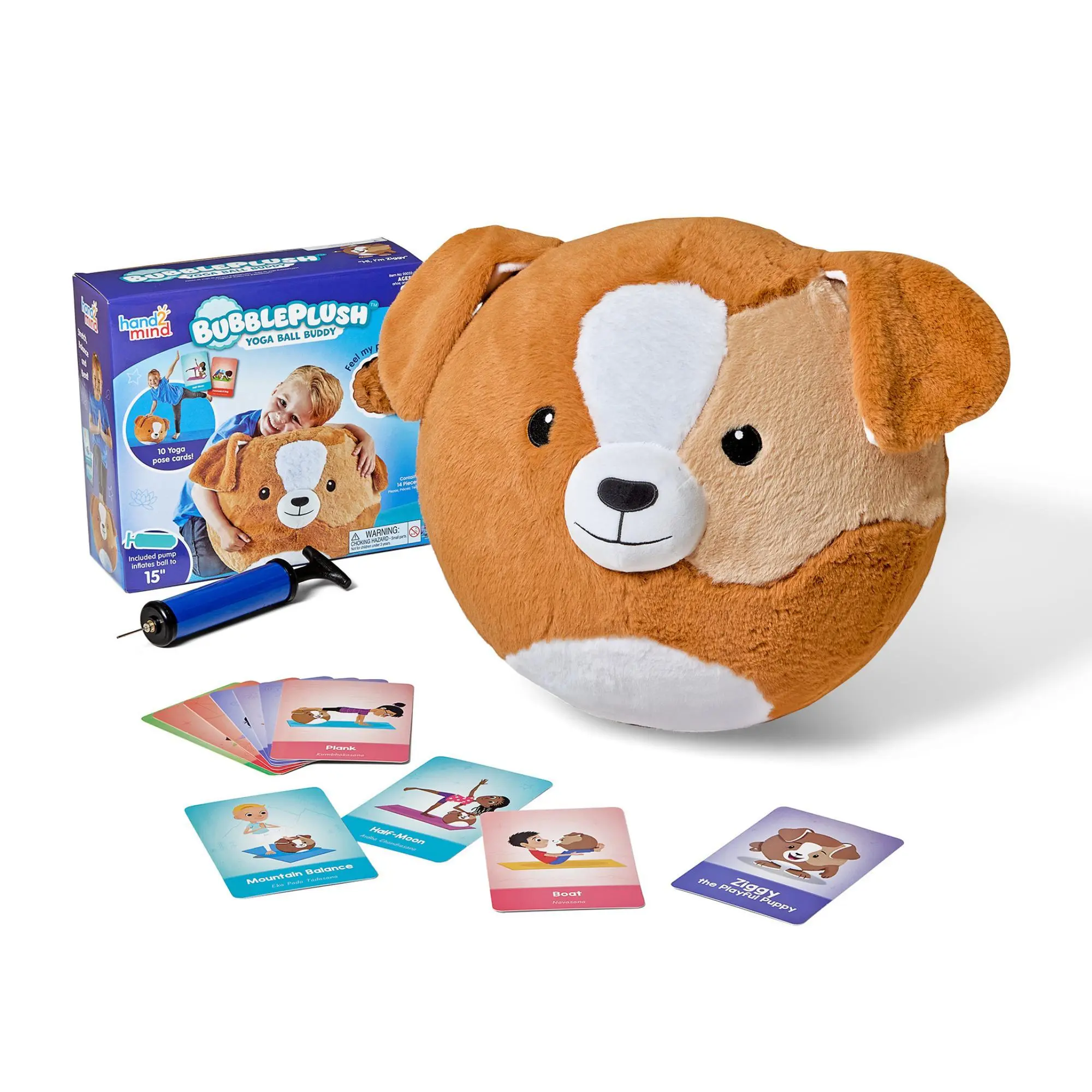 Hand2Mind BubblePlush Yoga Ball Buddy – Cuddly Kids Yoga Companion with 12 Mindful Activity Cards, Gift for Kids, Spring Holiday Toy