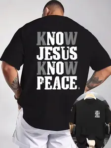 "Know Jesus Know Peace" Graphic T Shirt, Men's Christian Faith Print Tee, Oversized Casual Heavy Cotton Crew Neck Short Sleeve Top (Black)