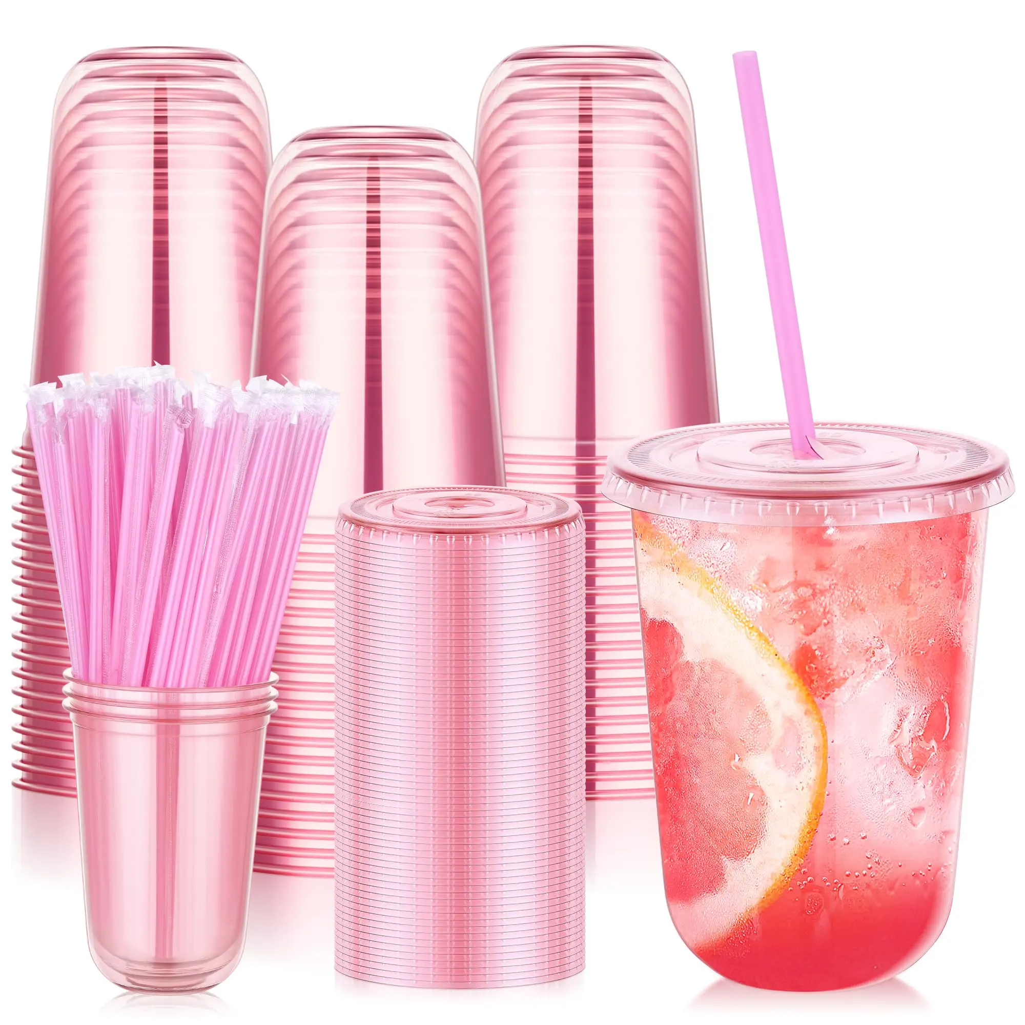 Kesaplan Summer Wins 50Pack 300ml/400ml Pink Plastic Party Cups with Lids and Straws,Disposable Iced Coffee Cup with Lids,Round Bottom Drinking Cups for Birthday Wedding Valentine's Galentine's Bachelorette Party