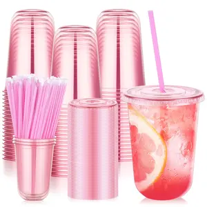 Valentine's Day 50Pack 12oz/16oz Pink Plastic Party Cups with Lids and Straws,Disposable Iced Coffee Cup with Lids,Round Bottom Drinking Cups for Birthday Wedding Valentine's Galentine's Bachelorette Party