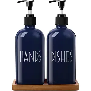 Navy Blue Dish Soap Dispenser for Kitchen - 16 OZ Hand Soap Dispenser Set with Acacia  Tray - Blue Kitchen Bathroom Home Decor and Accessories