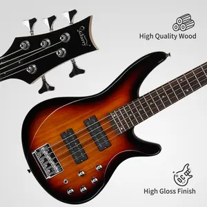 Right-Hand 44-Inch 5-String H-H Pickup Beginner-Friendly Electric Bass Guitar, Wooden Laurel Wood Fingerboard, Adjustable Accessories, Sunset Color, with Carry Bag