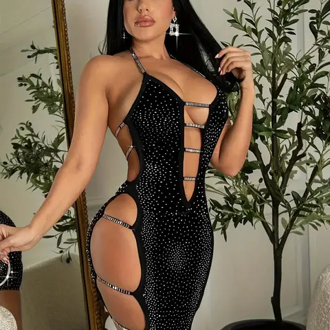 Women's Rhinestone Decor Cut Out Backless Sexy Dress, Summer Clothes Women, Elegant Fitted Sleeveless Bodycon Stretch Fashion Casual Dress for Daily Outdoor Wear, Women Dress for Summer, Cutout Sleeveless Dress, Womenswear