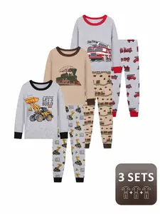 Boys' 3-Pack 6-Piece Set Kids' Fun Vehicle Pattern Fall/Winter Crew Neck Long Sleeve Pants Snug Fit Loungewear & Sleepwear Set