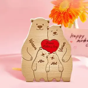 Personalized Family Bear Puzzle Wooden Decor Custom Engraved Names Fits 2-6 People Rustic Keepsake Gift For Mother's Father's Day Christmas