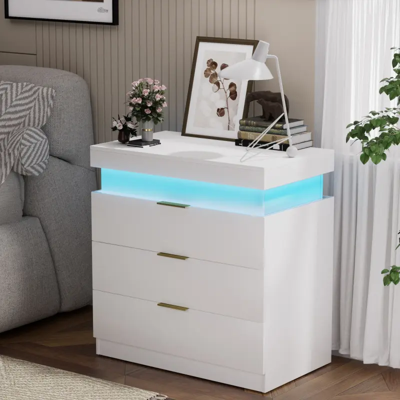 Nightstand with Charging Station and LED Lights, Night Stand with Sliding Top for Bedroom,Bedside Table with Drawers,Modern End Side Table,White.28.8''W x 17''D x 30.5''H.