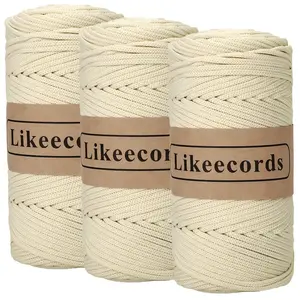 Likeecords 3 Skeins of 4mm Polyester Braided Macrame Cord 140Yard Feet,Elastic Yarn for Crocheting Bag Cord for DIY Crafts,Plant Hangers, Bag, and Home Decorations