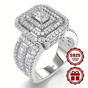 925 Sterling Silver Lady's Ring, Luxurious And Fashionable, Multi-layered Princess Square Stacked Design, Fully Set With 5A Zirconia, Suitable For Daily Wear, Engagement, Date Parties, As A Gift For Your Girlfriend.