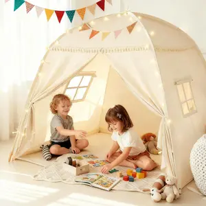 JungleDove Kids Full & Twin Size Bed Tent Canopy - Large Indoor Playhouse Toys with Star Lights & Flags, Foldable Privacy Sleeping Tent