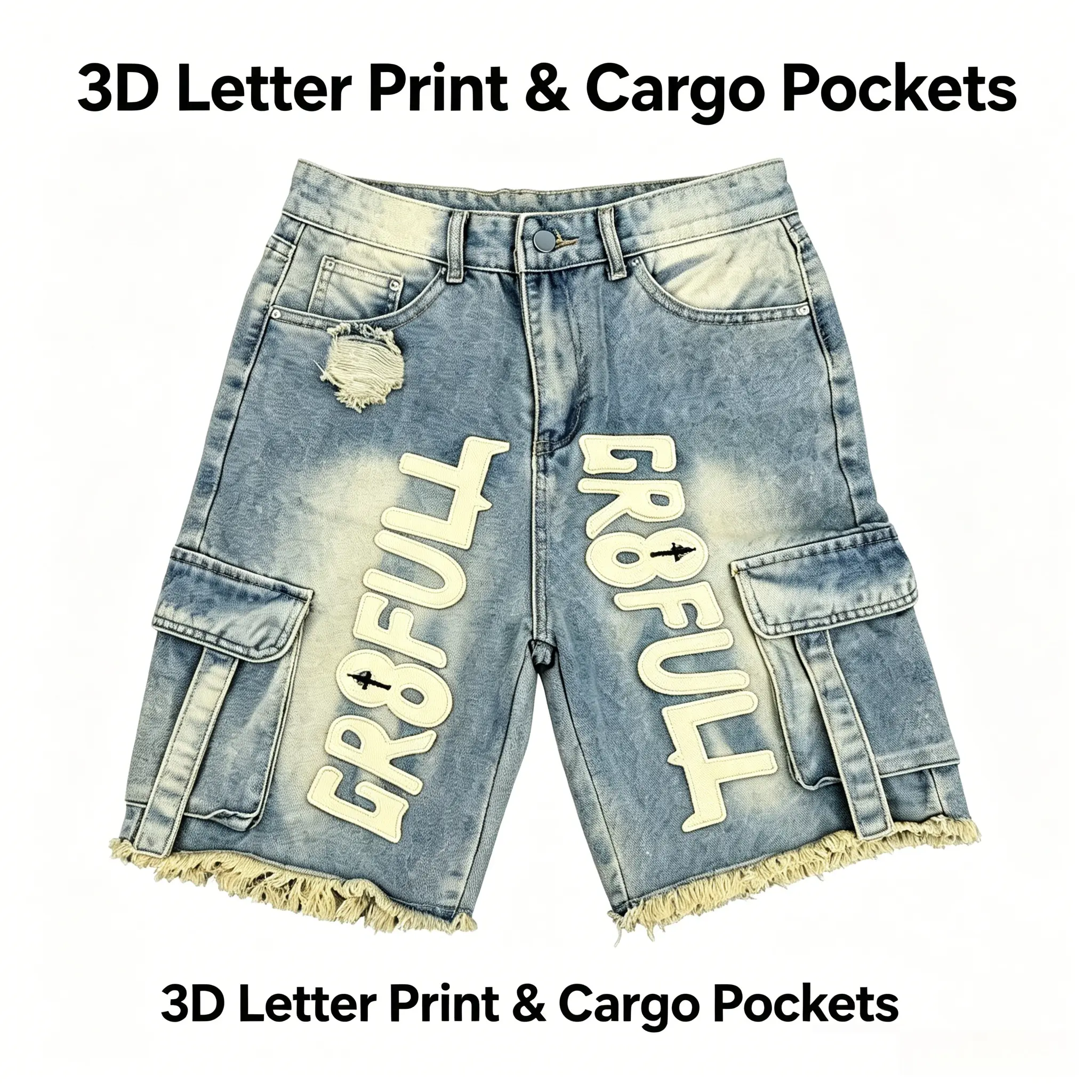 Relaxed-fit denim work shorts with 3D lettering patches, ripped detailing on the front, and wide legs; ideal for curvy figures as they help conceal excess fat around the hips. Perfect for summer outfits in a Y2K or 90s hip-hop street style.