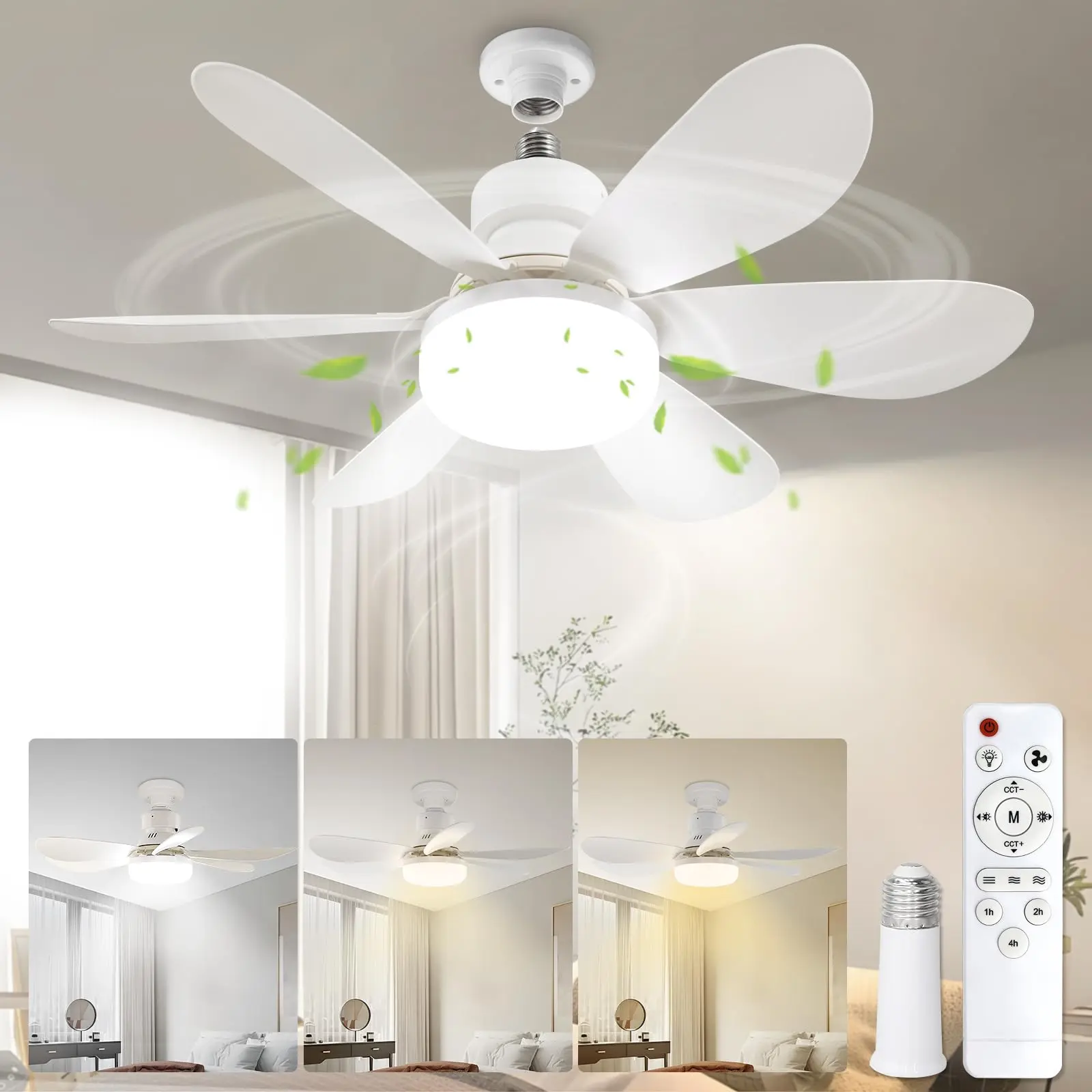 Socket Ceiling Fan Light With 3-Color Led Light And Remote Control, E26 Bulb Socket Design, Easy Installation Quiet Fan Light Combo, Energy Efficient Compact Ceiling Fan Light For Bedroom, Kitchen, Bathroom, Garage, Apartment, Living Room, Closet,White