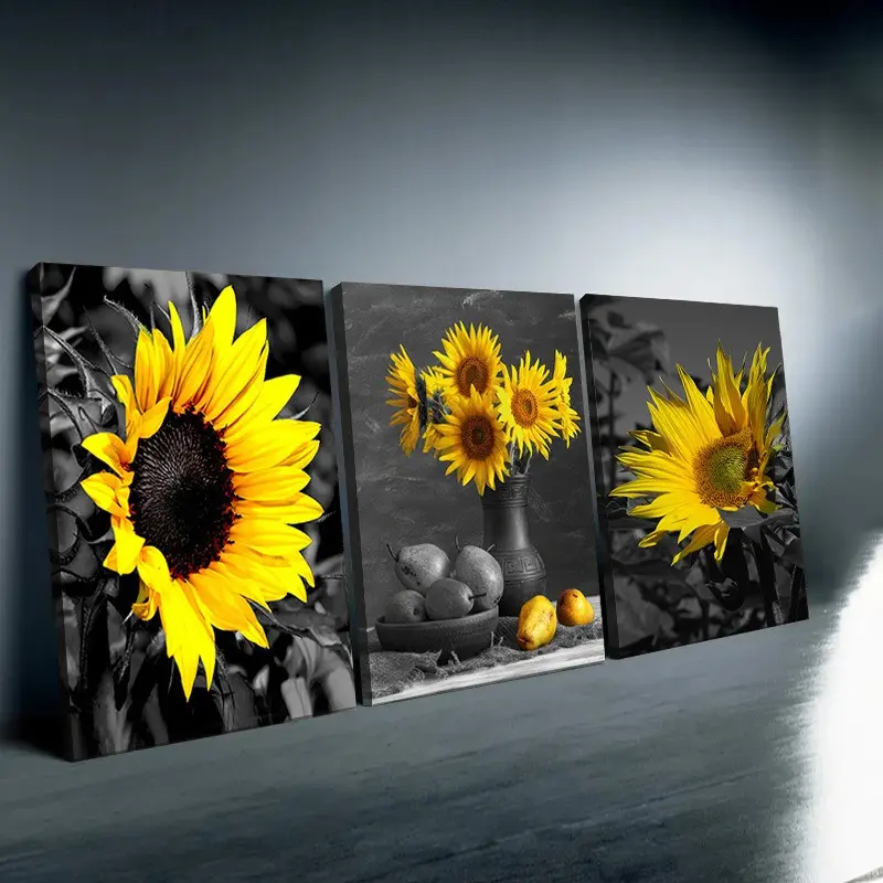 [3 Piece Sunflower Wall Decor] Wooden Framed 3 Piece Sunflower Wall Decor Picture Painting Black and White Poster Country Wall Art Rustic Decorative Paintings Modern Sunflowers Painting Picture for Bedroom Livin