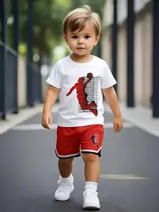 Boys' Basketball Pattern Short Sleeve T-Shirt & Shorts Set, Casual Fitted Kids Sportswear, All Seasons Wear, Geometric Design, Tee Shorts Set, Sports Suit Set, Top And Shorts