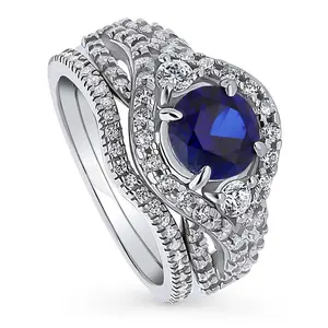 BERRICLE Sterling Silver 3-Stone Wishbone Woven Halo Engagement Rings Statement Stackable Band for Women, 1.25 Carat Sapphire-Blue Round Cut Cubic Zirconia CZ Ring Set