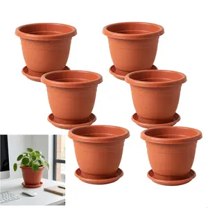 6 Set of 7-Inch Plastic Plant Pot with Saucer – Durable Terracotta Style Indoor Outdoor Flower Planter for Houseplants, Succulents, and Herbs – Lightweight Weather-Resistant Garden Pot with Drainage Tray