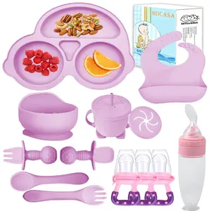 Silicone Baby Feeding Set,Miicasa Baby Led Weaning Supplies Kit With Suction Bowl & Car Plate, Bib, Spoon, Fork, Cup - Food-Grade Silicone, Dishwasher-Safe, No BPAs - For 3+ Months
