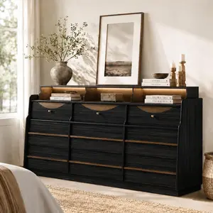 STO'SENSE 63" W 9 Drawer Dresser for Bedroom, Modern Wood Chest of Drawers W/LED Light, Round Knobs & Solid Wood Handles, Long Wooden Dresser TV Stand W/Shelf for TVs up to 75", Curved Profile, Black