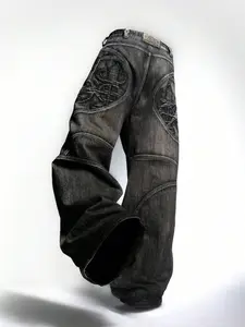 Y2K Cross Embellished Straight-Leg Jeans In Retro Black & Grey For All-Day Comfort And Style Trendy Denim Trouser