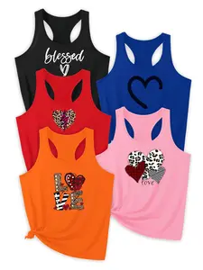 Women's Heart & Letter Print Sports Tank Top, Casual Sleeveless Round Neck Top for Yoga Gym Workout, Ladies Sportswear for All Seasons, Womenswear, Fitted Tanktop