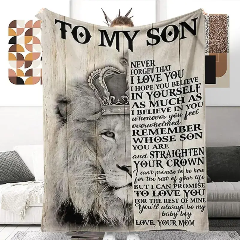 To My Son Lion Pattern Flannel Blanket - 1 Count, Soft Comfortable Throw with Slogan, Textile Gift for Son