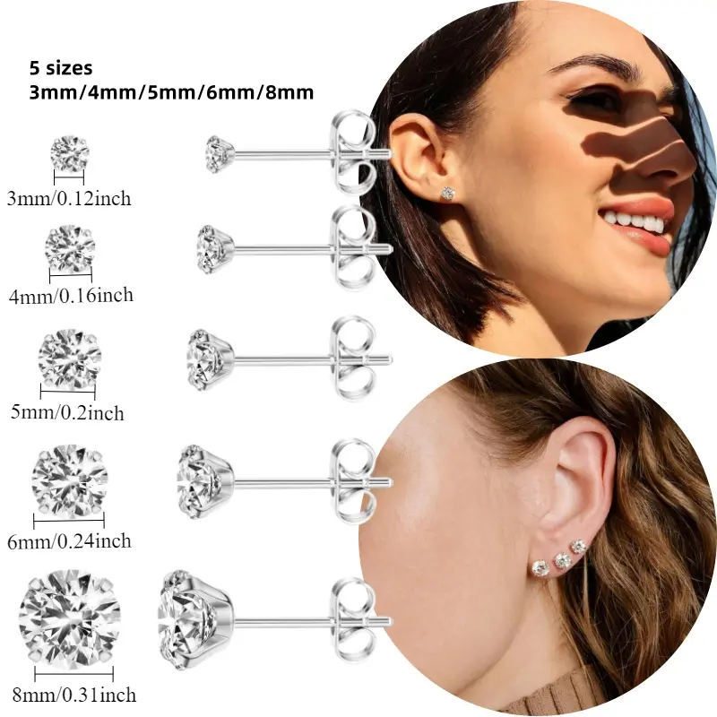 5 Pairs 316L Stainless Steel Extra Long Post Earrings, Hypoallergenic Cubic Zirconia Multi-Size (3-8mm) Studs for Sensitive Ears, Individually Packaged for Daily & Party Wear, Stackable Look