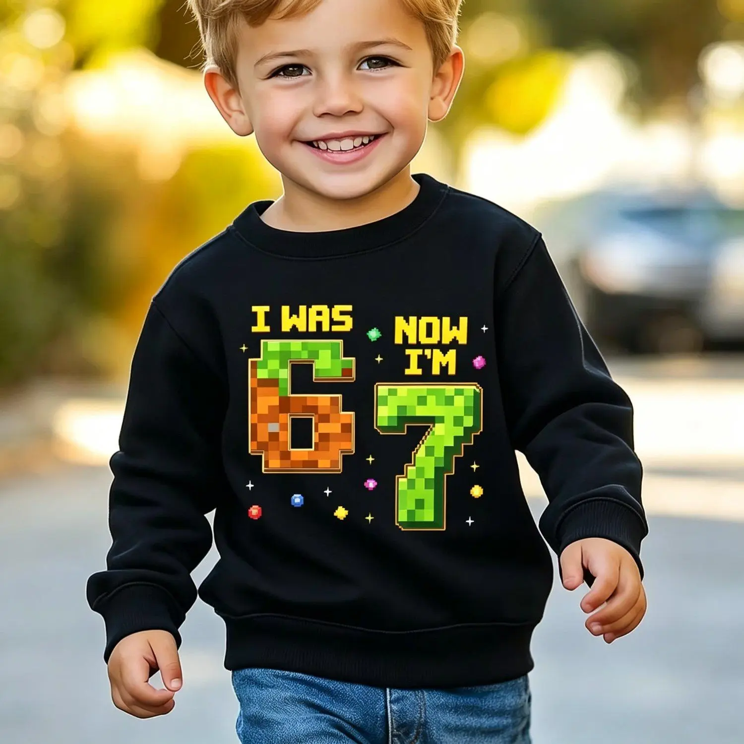 Pixel Block Video Game Graphic 7th Birthday Gamer Sweatshirt Crewneck Pullover Men Retro Arcade Style Pullover Casual Gaming Gift Apparel