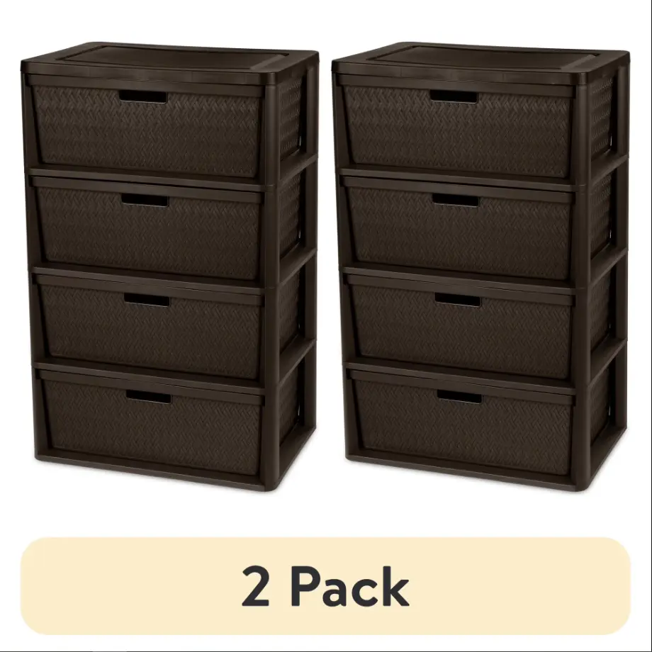 (2 pack) Sterilite Wide 4 Drawer Tower, Plastic Storage Organizer with Removable Decorative Bins, Easy Assembly, No Tools Needed, Brown