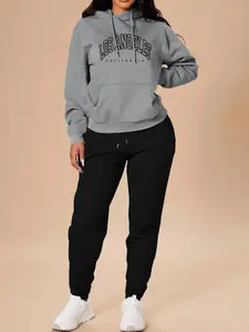 Women's Casual Letter Print Sweatshirt & Long Pants Set, Fall Winter Home Wear, Outdoor Sports Fitness, Long Sleeve Hoodie with Pockets