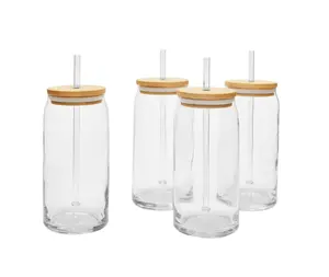 4-Piece Briar Can Glass Drinkware Set with Bamboo Lids & Reusable Straws for Eco-Friendly Sipping Ideal for Home Parties & Outdoor Activities