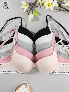 5 Pack Smooth Push Up Bra - Women's Lifting Shaping Bra, Adjustable Back Buckle Comfort Underwear With Letter Decor