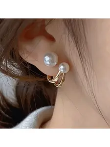 Classic round earrings with faux white pearls - exquisite metal studs, suitable for casual wear, unpolished finish, metal ear posts, versatile accessory for various occasions