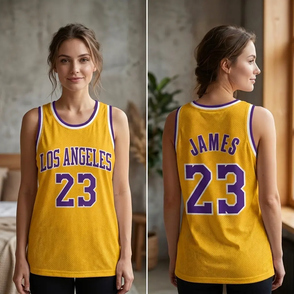 James Los Angeles Mesh Basketball Jersey, Vibrant Yellow Mesh Tank Top Breathable Fabric with Purple Accents #23, Perfect Gift for Basketball Fan