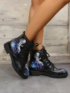 Women's High-Top Skull Print Boots, British Style Fashion Work Boots, Fall Winter Casual Shoes, Casual Ankle Boots, Comfortable and Stylish Footwear