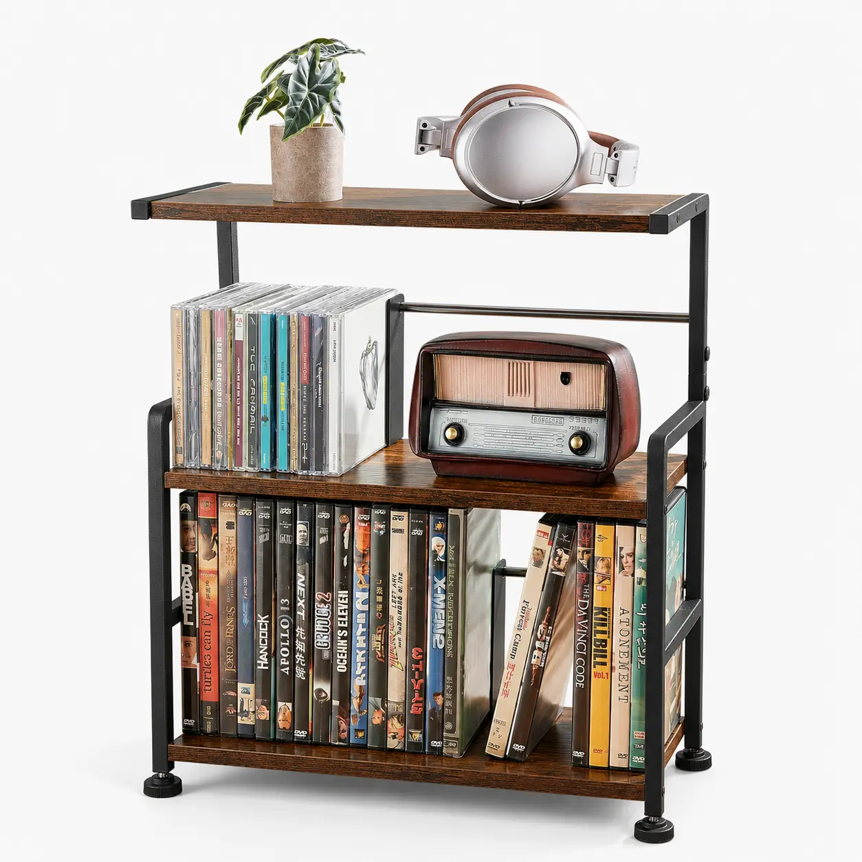 Aquzee Durable Wooden 3-Tier CD Storage Shelf - Rustic Brown Corner Shelf with Adjustable Dividers, Holds 70 CDs, DVDs, Games, Easy Assembly, Weather Resistant, Space Saving, Multi-Purpose Organizer,gift,CD Storage Rack outdoorfun，bookshelf