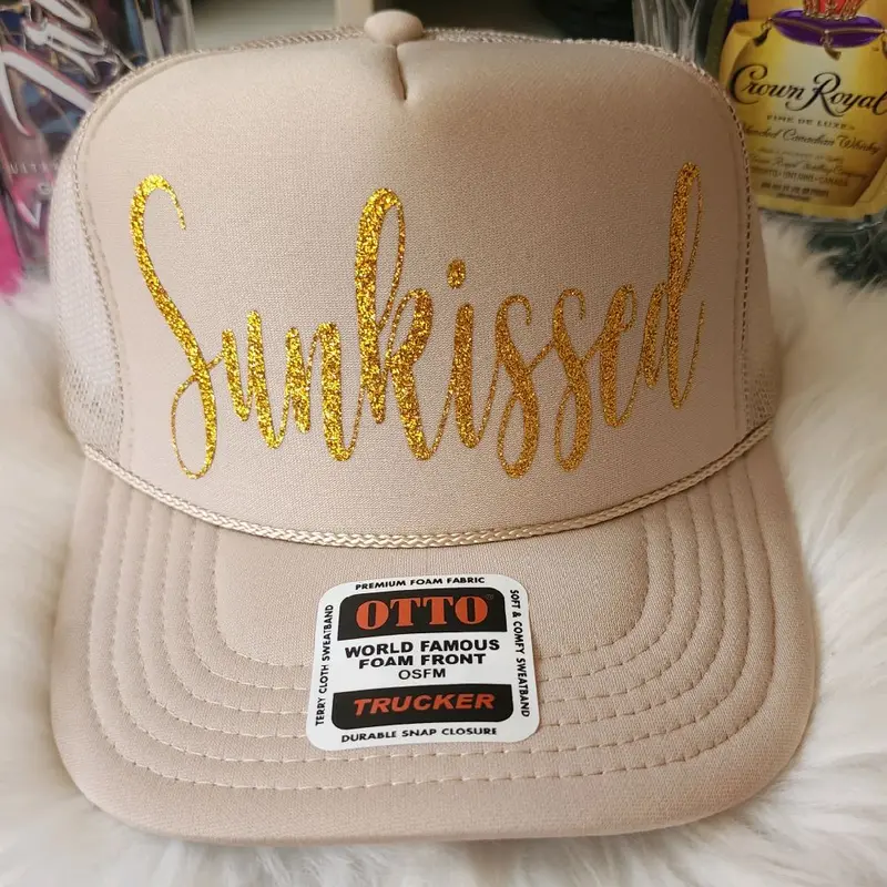 White and Pink Rhinestone \'SUNKISSED\' Trucker Hat Embroidered Trucker Hat W/ Monogram - Sprinkled With Pink main image 4