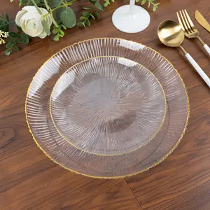 20 Pack 7" Clear Plastic Dessert Plates with Gold Rim – Ribbed Sunburst Pattern – Round Disposable Salad Plates